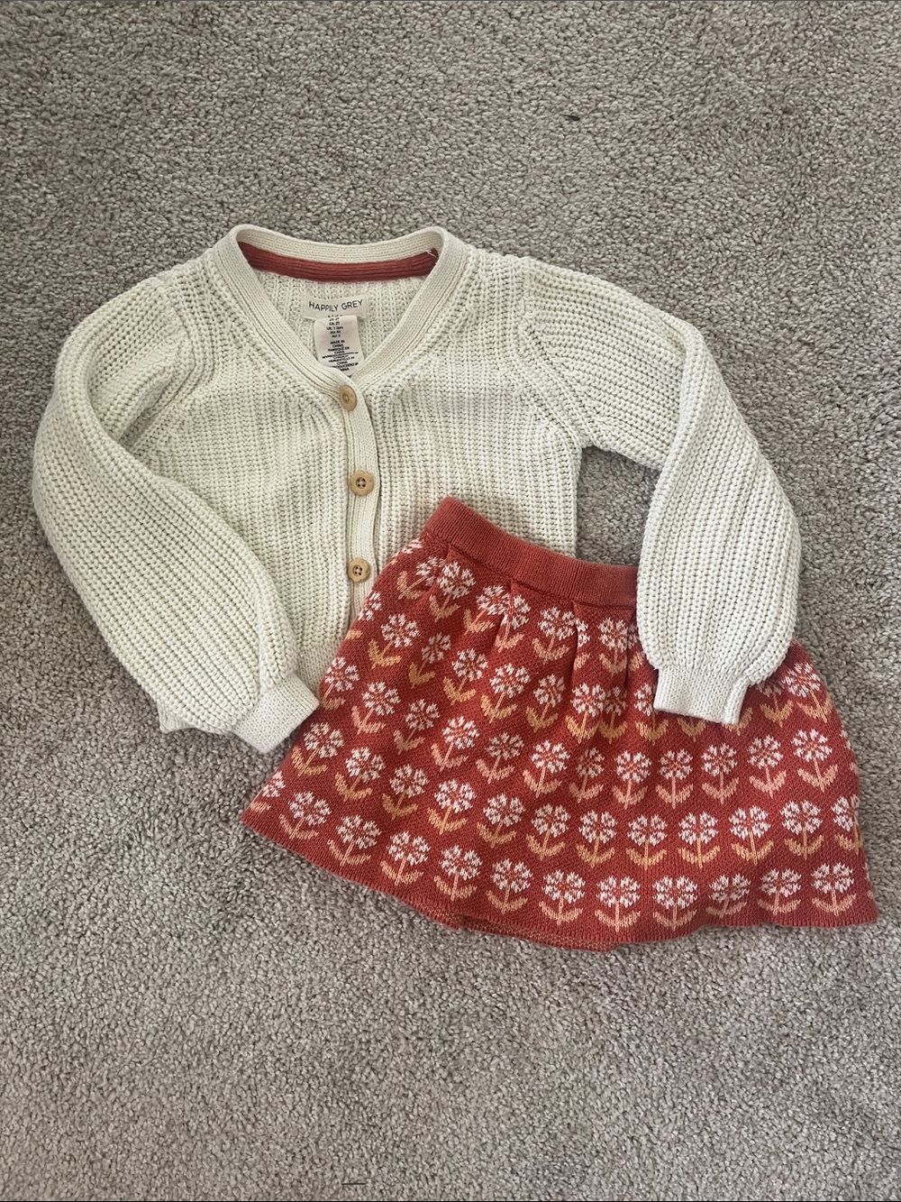 Happily Grey Cream Knit Cardigan & Rust Floral Skirt Matching Set